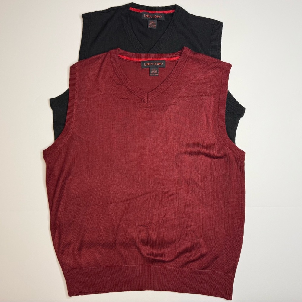 Lot of 2 Linea Uomo Classic Fit V-Neck Sweater Vest Black Red Size Large EUC